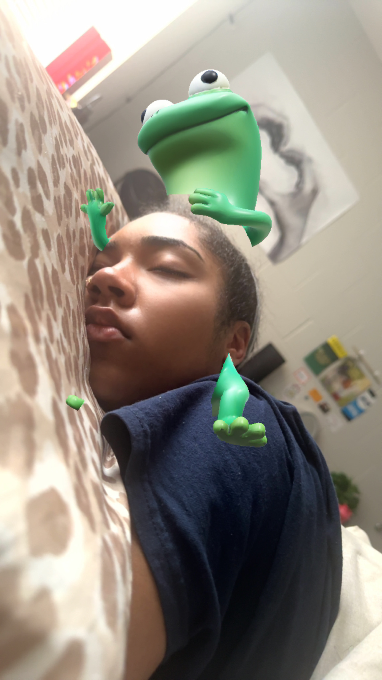 Jaden's girlfriend sleeping with a playful frog filter
